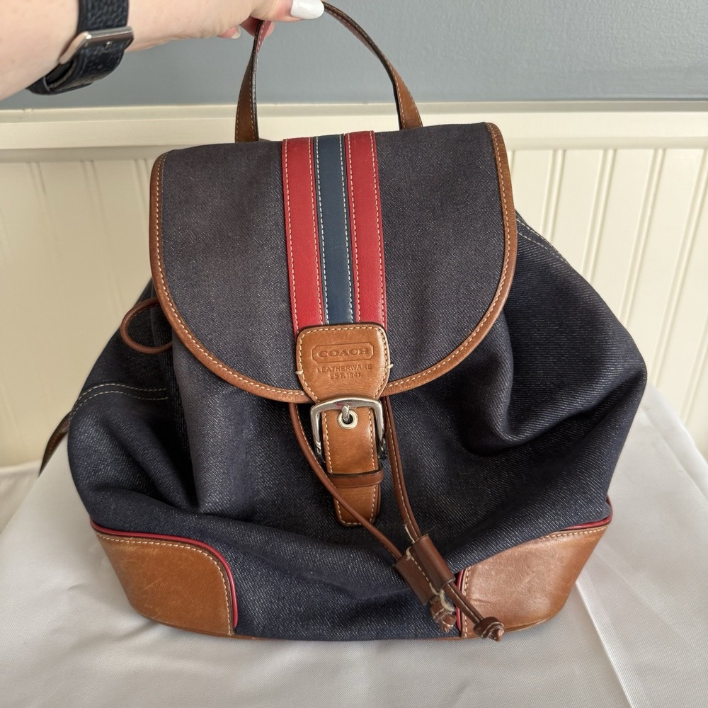 Vintage Coach Denim Blue Chambray Red Brown Leather Trim Backpack Purse 2004